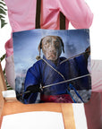 Personalized pet portrait tote bag featuring a chocolate lab dog as a samurai warrior in a blue kimono.