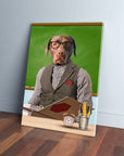 Personalized pet canvas featuring a brown dog dressed as a teacher with glasses, vest, and striped shirt.