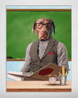 Personalized pet poster featuring a chocolate lab dressed as a teacher, wearing glasses and a vest, in front of a green chalkboard.
