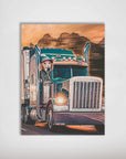 Personalized pet poster featuring a golden retriever in a trucker hat driving a semi-truck with mountains.