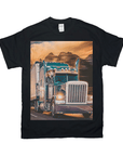 Black Gildan t-shirt with a golden retriever wearing a hat driving a semi-truck on a desert road.