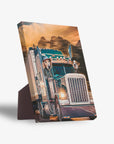 Personalized standing canvas featuring two pets in a semi-truck with a mountain background.