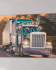Custom canvas art featuring three pets (a golden retriever, a black dog, and a brown dog) driving a blue semi-truck.