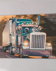 Personalized canvas art: four pets driving a blue semi-truck on a road with mountains.