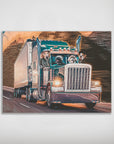 Personalized 'The Truckers' poster featuring four pets in a blue semi-truck on a road.