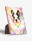Personalized pet standing canvas featuring a French bulldog as a unicorn with rainbow wings against a pastel sky.