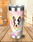 Personalized stainless steel tumbler with a French Bulldog unicorn pet portrait, rainbow wings, and pastel background.