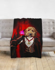 Personalized pet blanket featuring a golden dog in a custom Vampire portrait on a red and black background.