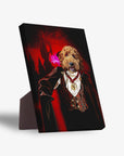 Personalized pet standing canvas featuring a golden doodle dressed as a vampire against a red and black background.