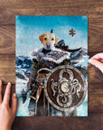 Personalized pet puzzle featuring a yellow lab as a Viking warrior, with hands assembling pieces.