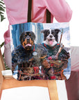 Personalized 2-pet Viking Warriors tote bag featuring a Rottweiler and Border Collie portrait.