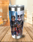 Personalized stainless steel tumbler with two pets as Viking warriors, a Rottweiler and a Border Collie.