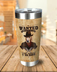 Personalized stainless steel tumbler with a custom "Wanted" poster design featuring a dog in a cowboy hat.