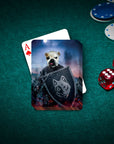 Custom personalized playing card with a bulldog pet portrait as a medieval warrior holding a shield.