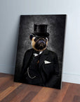 Personalized 'Winston' pet canvas featuring a pug in a black top hat and suit, leaning against a wall.