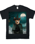 Black Gildan t-shirt with a personalized print of a chihuahua dressed as a witch under a full moon.