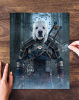 Personalized Witcher Doggo pet puzzle featuring a white dog in fantasy armor, held by hands on wood.