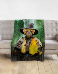 Personalized pet blanket with a boxer dog portrait as a wizard holding fire, set against a forest.