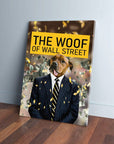 Personalized pet canvas featuring a dog in a pinstripe suit, with "THE WOOF OF WALL STREET" text.