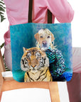 Personalized tote bag with a custom royal pet portrait of a dog and tiger in a watercolor style.
