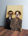 Two personalized pet portraits on canvas: a boxer in a black suit and a bulldog in a brown suit.