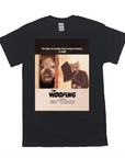 Black Gildan t-shirt with a personalized "The Woofing" movie poster design featuring a dog and cat.