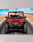 Personalized 'Yeep Cruiser' pet canvas featuring a bulldog driving a red Jeep on a desert road.