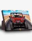 Personalized 'Yeep Cruisers' standing canvas featuring two pets driving a red jeep in a desert landscape.