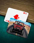 Personalized playing cards with three pets in a red cruiser on a desert road, next to an Ace of Spades.