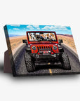 Personalized standing canvas featuring four pets in a red Jeep on a desert road, with a sturdy back stand.