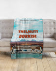 Personalized 'Thelmutt and Borkise' pet portrait blanket featuring two dogs in a car on a desert road.