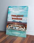 Personalized 'Thelmutt & Borkise' canvas featuring two dogs in a vintage car on a desert road.