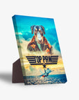 Personalized pet standing canvas featuring a dog in a pilot uniform, "TOP PAW" logo, and a jet flying over water.