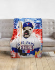 Personalized pet blanket with a bulldog in a Blue Jays baseball uniform, holding a bat.