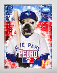 Personalized 'Toronto Blue Doggs' poster featuring a bulldog in a baseball uniform and cap, holding a bat.