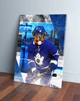 Personalized pet canvas: Rottweiler in a blue Toronto Maple Leafs hockey uniform with city skyline background.
