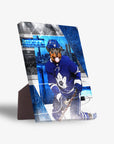 Personalized pet standing canvas featuring a Rottweiler in a blue Toronto Maple Leafs hockey uniform with a city skyline background.