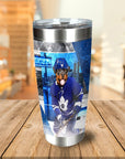 Personalized stainless steel tumbler with a custom dog portrait in a blue hockey uniform.