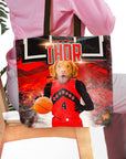 Personalized Toronto Rapdogs tote bag with a custom dog portrait in a basketball uniform.