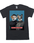 Black Gildan t-shirt with a custom "Trailer Park Dogs" design featuring two pets dressed as humans.