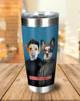 Personalized stainless steel tumbler with custom cartoon portraits of two dogs in "Trailer Park Dogs" style.