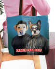 Personalized 'Trailer Park Dogs' tote bag with custom pet portraits of a Labrador and French Bulldog.
