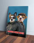 Personalized 'Trailer Park Dogs 2' canvas featuring two pets dressed as characters on a blue background.