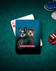 Personalized playing cards featuring two dogs in "Trailer Park Dogs" style on a green poker table.