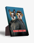 Personalized 'Trailer Park Dogs 2' standing canvas featuring two pets in human clothes against a blue background.