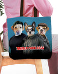 Personalized 'Trailer Park Dogs' 3-pet portrait tote bag with dogs in human clothing on a blue background.