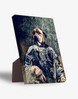 Personalized pet canvas featuring a dog's head on a US Army soldier's body in camouflage, with a sturdy stand.