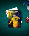 Personalized playing card featuring a dog in a yellow soccer uniform on a green poker table.