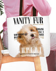 Personalized white canvas tote bag with a custom pet portrait of a fluffy dog in a magazine cover style.