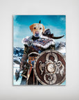 Personalized 'Viking Warrior' dog poster featuring a golden retriever in detailed armor, holding an axe and shield, against a snowy mountain backdrop.